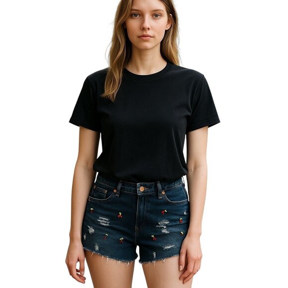 Denim Cutoff Embroidered Shorts Blue Size 10 Up-Cycled Cherries Festival Summer